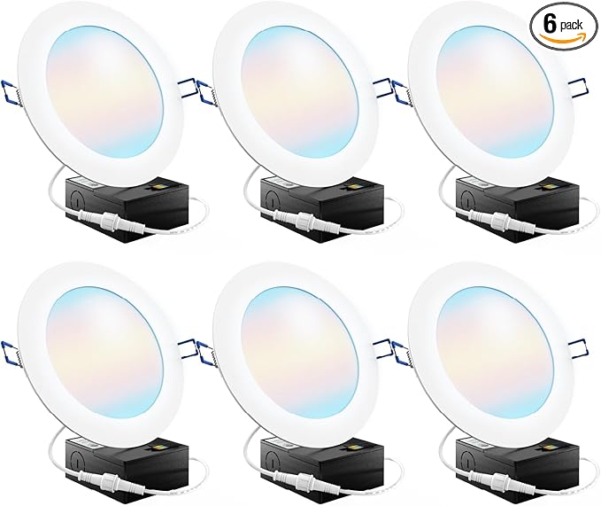 Sunco Lighting 6 Inch Ultra Thin LED Recessed Ceiling Lights Slim, Selectable Color Temperature, Dimmable 14W=100W, 850 LM, Canless Wafer Thin with Junction Box - ETL Energy Star 6 Pack.