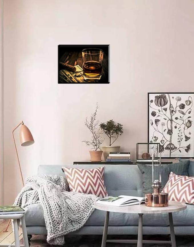 Cigar and Wine Wall Art for Bar, PIY Whiskey Canvas Painting Prints Artwork (Waterproof Home Decor, 1” Thick, Bracket Mounted Ready to Hang)