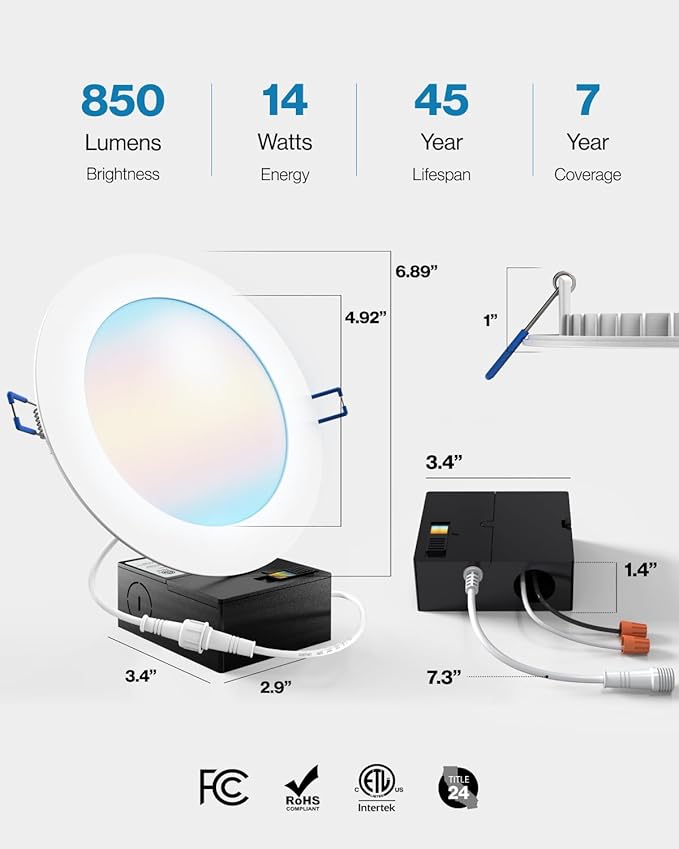 Sunco Lighting 6 Inch Ultra Thin LED Recessed Ceiling Lights Slim, Selectable Color Temperature, Dimmable 14W=100W, 850 LM, Canless Wafer Thin with Junction Box - ETL Energy Star 6 Pack.