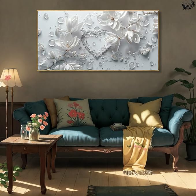 Wall Art Modern Flowers Artwork Love Heart Wall Decor White Canvas Prints for Living Room Bedroom Dining Room Home Office Decor Large Framed Ready to Hang 24"x48"