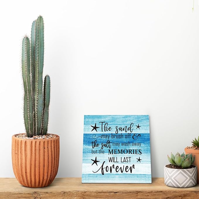Beach Wood Sign, “The Sand May Brush Off the Salt May Wash Away but the Memories Will Last Forever”, Wooden Plaque Table Art Sign, Ocean Theme Home Decorations, Coastal House Decor, Family Sign B