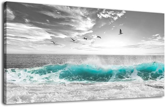 Large Ocean Waves Canvas Wall Art for Living Room Wall Decor Teal Blue Sea Beach Wave Wall Art Prints Artwork Sea Birds Canvas Pictures for Bedroom Home Office Wall Decorations Ready to Hang 29" x 58"