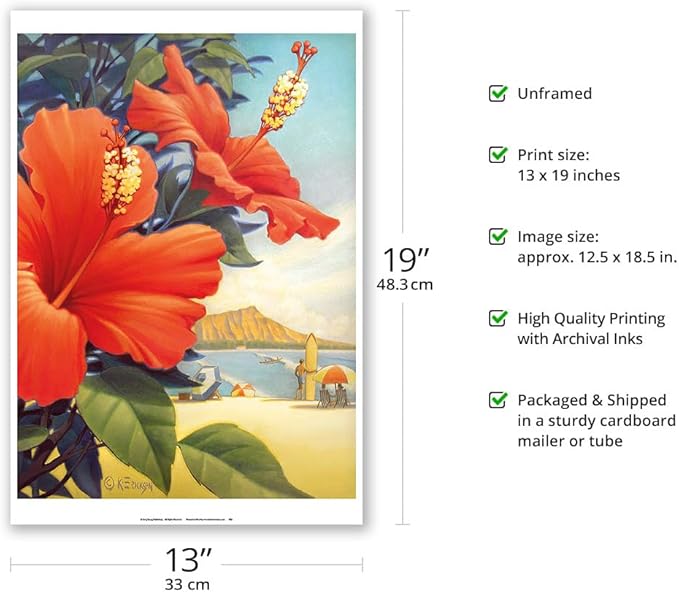Hibiscus Beach Day - Waikiki Beach - Red Hibiscus - Vintage Hawaiian Travel Poster by Kerne Erickson - Master Art Print (Unframed) 13in x 19in