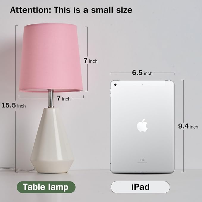 Small Bedside Table Lamp for Bedroom - Reading Desk Lamp with 3 Color Temperatures，15.5" Nightstand Ceramic Lamp with Fabric Shade for Kids Room,Living Room,Dorm,Home Office (White+Pink