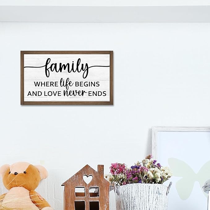 Family Where Life Begins and Love Never Ends Wooden Box Sign Desk Decor,Family Saying Wood Block Sign for Home Farmhouse Bedroom Shelf Tabletop Wall Decor