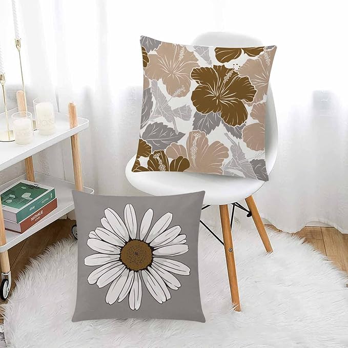 COMMINY Brown Grey Pillow Covers 16x16 Set of 6 Decorative Daisy Flower Throw Pillow Cover for Couch Modern Farmhouse Cushion Cover for Sofa Outdoor Patio Bed Living Room Home Decor