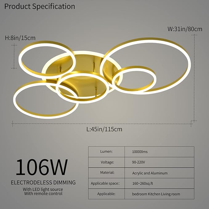 Modern LED Ceiling Light Gold Dimmable 5 Rings Flush Mount Ceiling Light Fixtures with Remote Control 106W 10000LM Ceiling Lighting for Living Room Bedroom Kitchen Dining Room 3000-6000K…