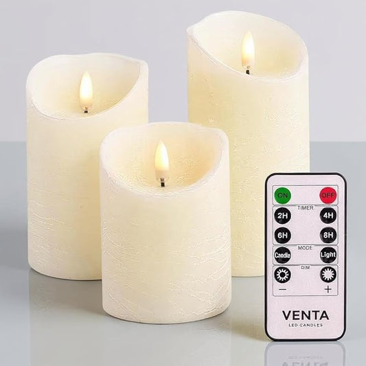 VENTA Set of 3 Warm Ivory Pillar Candles | Real Wax Battery Operated Candles with Flickering Flame | Timeless Year-Round Decor for Weddings, Mantels & Centerpieces