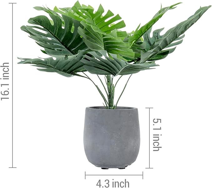 MyGift 16 Inch Tall Artificial Monstera and Banana Leaf Plant in Gray Concrete Planter Pots, Decorative Tabletop Faux Greenery Potted Indoor Plants, 2 Piece Set
