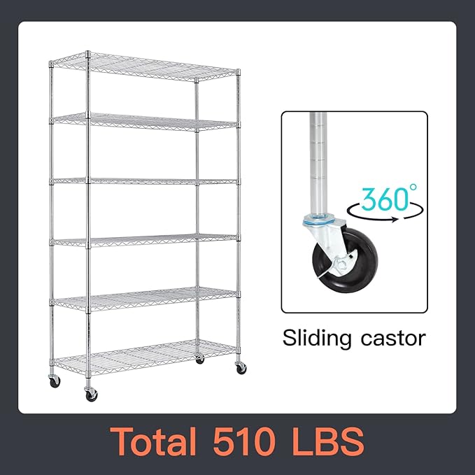 BestOffice | 6-Tier Wire Storage Shelves with Wheels | 18x48x82 | Chrome | Adjustable Racks | Heavy-Duty Metal Shelf, Holds Upto 510 lbs | No-Tool Assembly | Ideal for Home & Garage Shelving