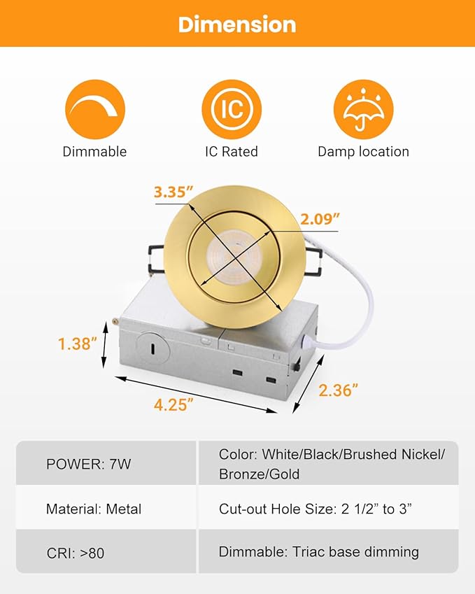 Gold Recessed Lighting Fixtures 3inch - 7W Canless CCT Selectable Gimbal Ceiling LED Recessed Lights,Dimmable Indoor Swivel Downlight for Accent Lighting,360° Adjustable 90° Tilt Spotlights 6Pack Gold