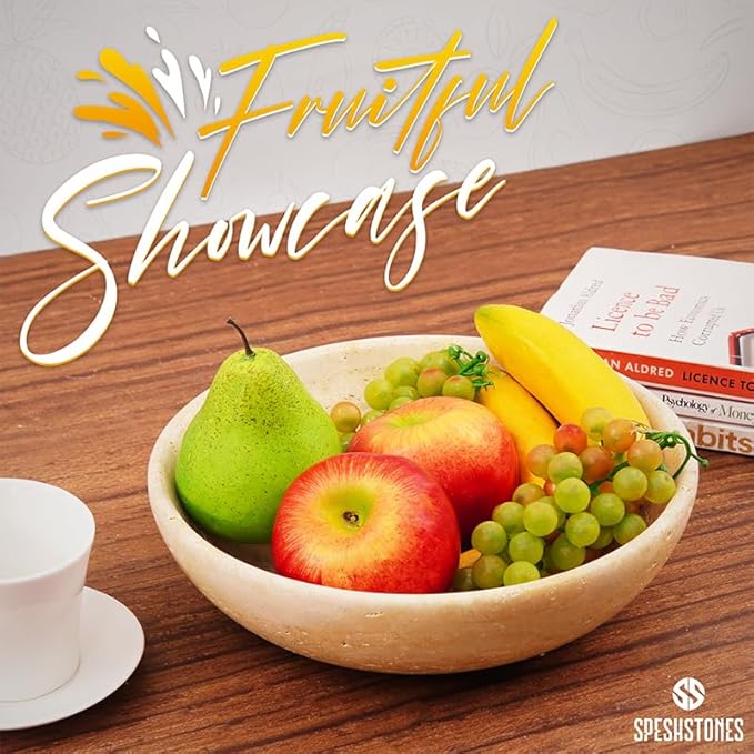 Marble Fruit Bowl 10 Inch Handmade Travertine Large Decorative bowls For Kitchen Counter, Dining & Coffee Table Centerpiece - Modern Pedestal Bowl for Entryway and Home Decor