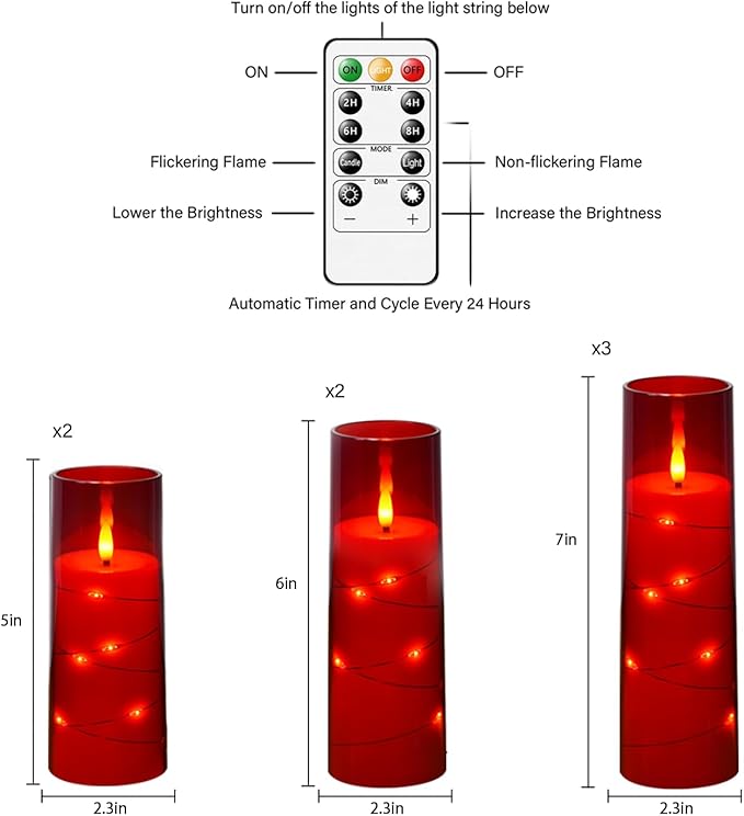 Flameless Candles,with Embedded Star String, Battery Operated Candles Flickering LED Pillar Candles with Remote Control and Timer, Home Decoration Add a Warm and Romantic Atmosphere，Set of 7 (Red)