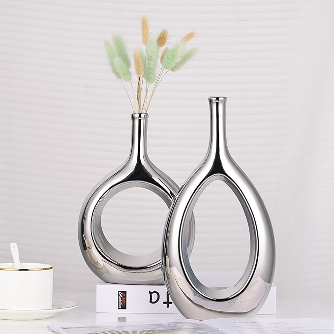 Glossy Silver Vase Ceramic Silver Vases Home Decor,Modern Minimalist Circle with Hole Decorative Vase, Hollow Ellipse Flower vases for Bookshelf, Fireplace Mantle, Centerpieces,Farmhouse,Rustic Décor