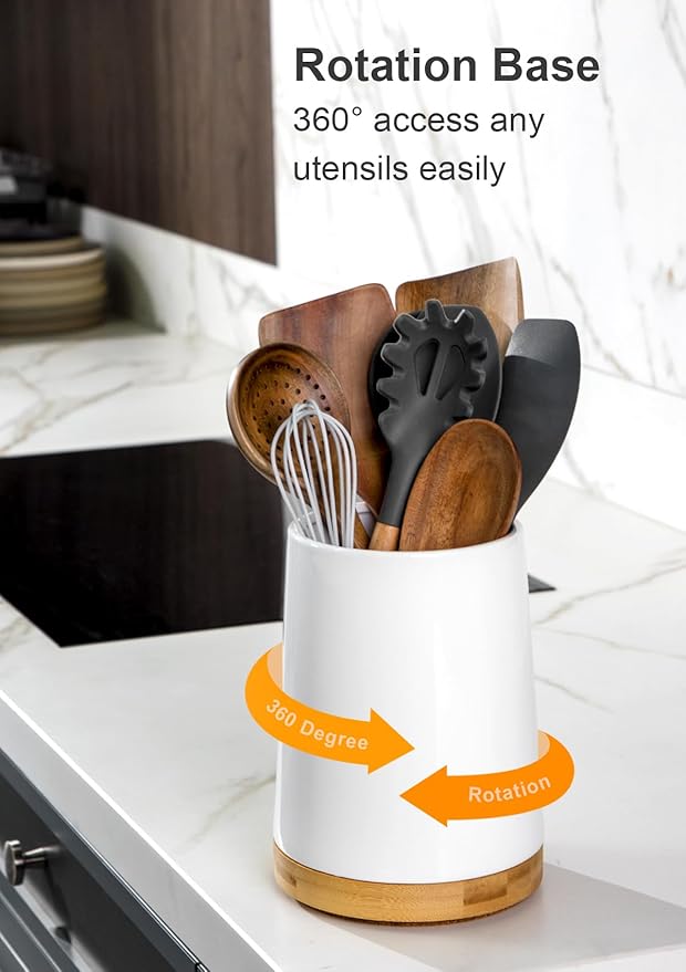 Nucookery 360° Rotating Utensil Holder, 8.2" Extra Large Ceramic Kitchen Utensil Holder for Countertop, Top Gathering Cooking Kitchen Decor for Counter (White)