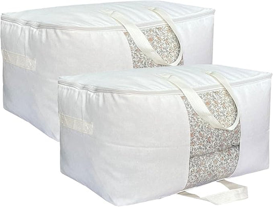 Soft Canvas Clothes Storage Bags with Four Carrying Handles and Clear Window, Closet Organizer for Clothing, Blankets Sheets Pillows and Bedding, 55L, 2 Pack, White