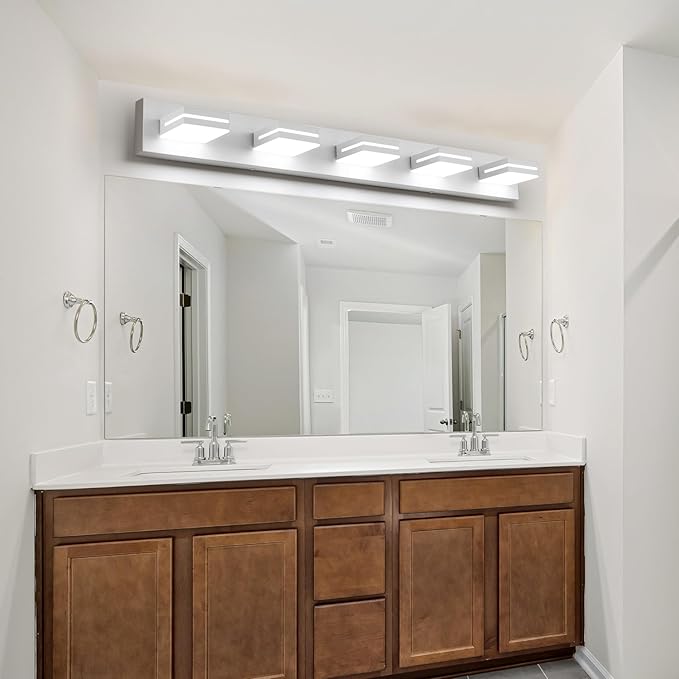 SineRise LED Modern Bathroom Vanity Light Fixtures (5-Light, 40-Inch, Dimmable), Matte White Modern Acrylic Bathroom Wall Lighting Fixtures Over Mirror (Cool White 6000K)