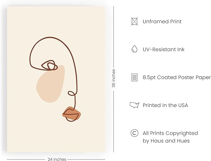 HAUS AND HUES Female Figure Wall Art Line Drawing - Single Line Drawing Wall Art, Minimalist Woman Art Print Line Art Wall Decor Silhouette Lipstick (24x36 Unframed)