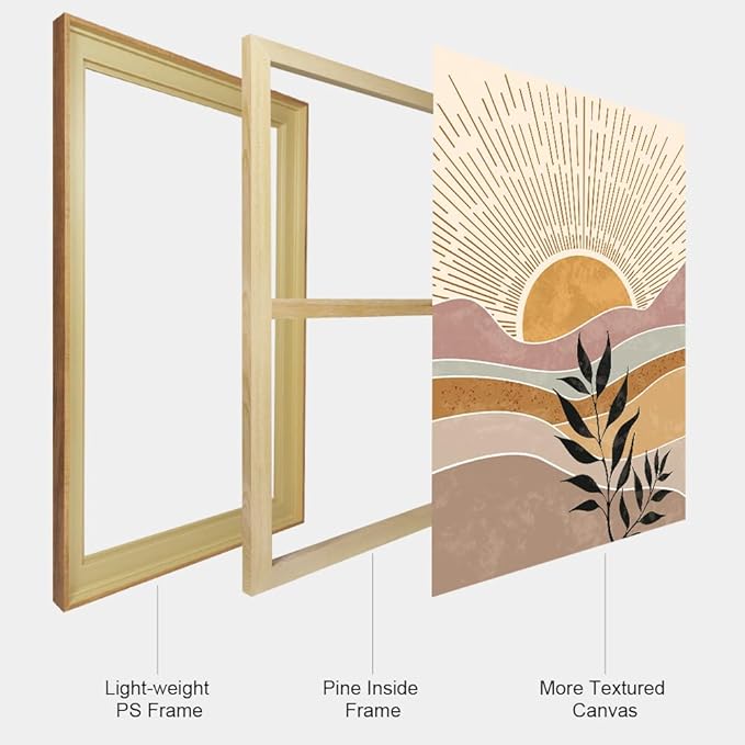 HPINUB Boho Framed Canvas Wall Art Prints, Set of 3 Mid Century Modern Wall Decor, Nature Plants Desert Sun Art Paintings, Bohemian Artwork for Living Room, Bedroom, Dining Room, Office - 16"x24"x3