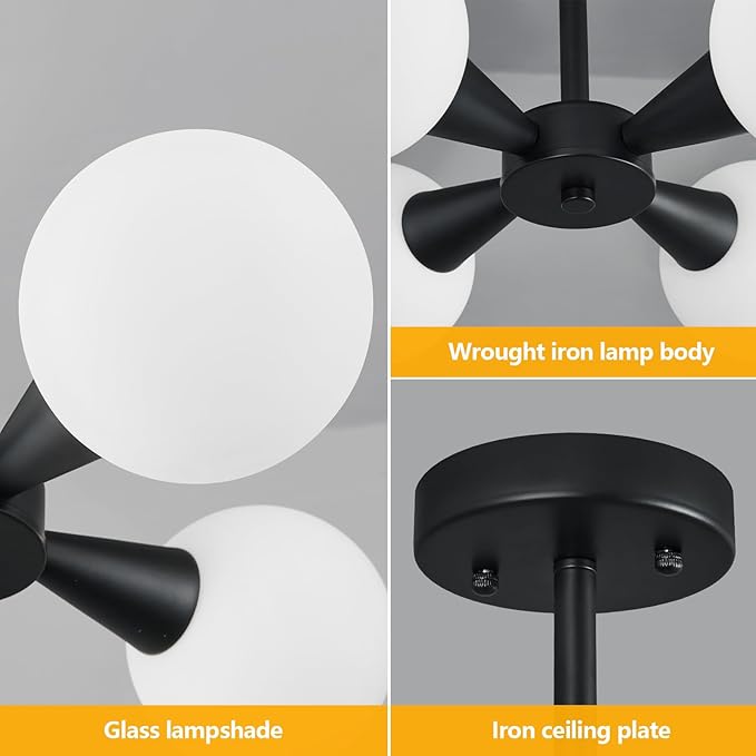 Modern Ceiling Light with Milk White Glass lampshade Black Semi Flush Mount Ceiling Light Fixture Sputnik Chandelier for Bedroom Living Room Dining Room Foyer Hallway(4-Lights)
