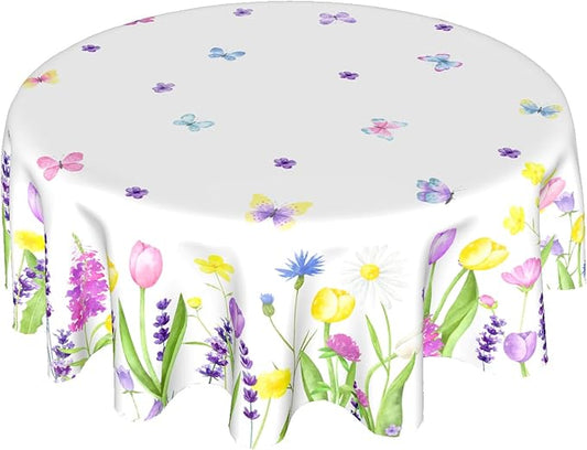Kawani Spring Floral Tablecloth Round 60 Inch Watercolor Butterfly Flower Table Cloth Round Cover Washable Spring Farmhouse Table Covers for Rooms Kitchen Dinner Holiday Picnic Party Outdoor Decor