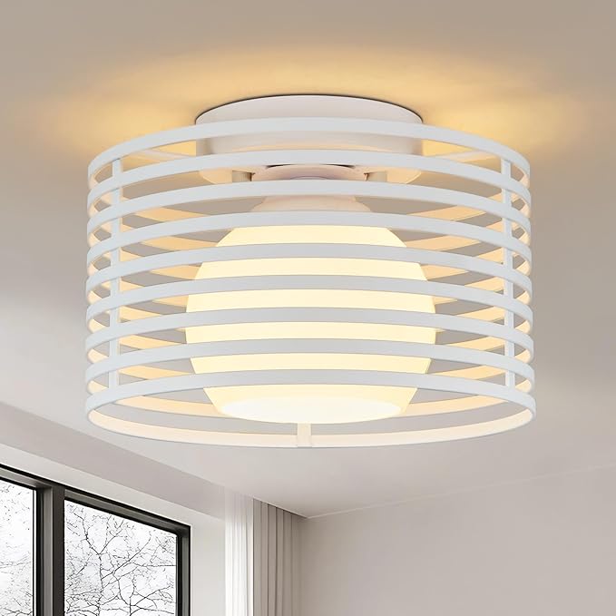Modern Industrial Frosted White Small Semi Flush Mount Ceiling Light Fixture,Close to Ceiling Lamp Lighting Fixture With Milk Glass Cover,for Closet Hallway Bathroom Foyer Entryway Pantry Laundry room