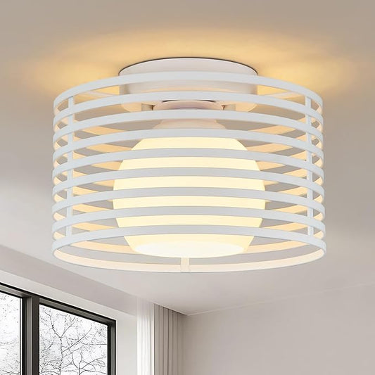 Modern Industrial Frosted White Small Semi Flush Mount Ceiling Light Fixture,Close to Ceiling Lamp Lighting Fixture With Milk Glass Cover,for Closet Hallway Bathroom Foyer Entryway Pantry Laundry room