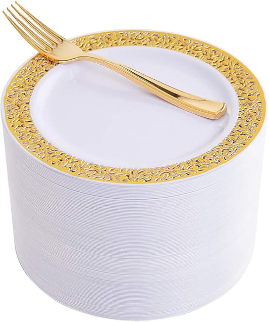 WDF 100pcs Gold Dessert Plates 7.5" with 100 Pieces Disposable Forks 7.4", Lace Design Fancy Appetizer Small Salad and Cake Plates for Thanksgiving Party/Weeding