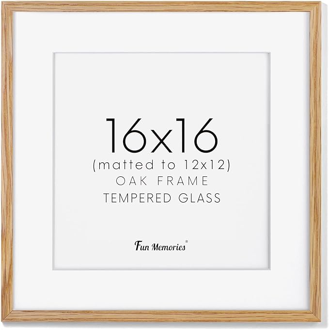 16x16 Oak Wood Picture Frame, 16"x16" Picture Frame Matted to 12"x12", Square Frame 16 x 16 with Real Glass, 16x16 Wood Frame for Wall - Beige Oak Color, 1 Pack
