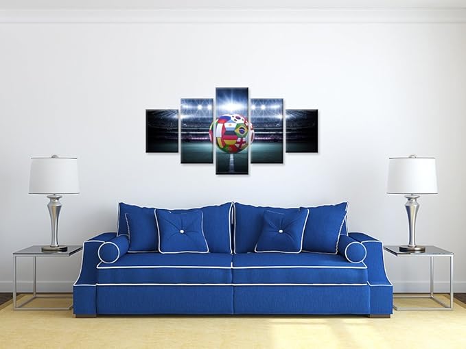 Hello Artwork Large 5 Pieces Canvas Wall Art Light Shining Soccer Ball Stadium Close Up Arena Soccer Field Championship Win Modern Wall Ready To Hang