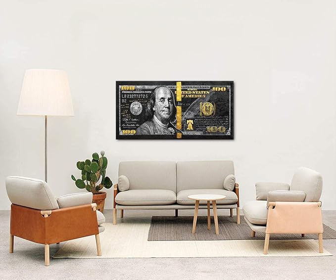 Golden 100 Dollars Money Canvas Office Home Artwork Paintings Prints Motivational Black 100 USD Money Wall Art HD Print Modern Home Rest Room Decor Wooden Framed and Stretched Easy to Hang-40 Wx20 H