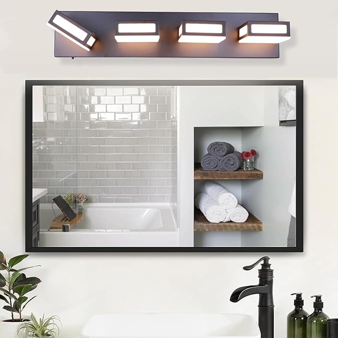 4-Light Bathroom Vanity Light Fixtures,Matte Black Bathroom Wall Lighting Fixtures Over Mirror, Dimmable 5CCT LED Vanity Lights with Acrylic Shades