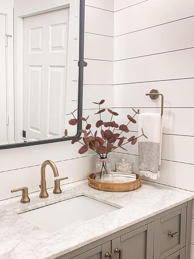 Artificial Eucalyptus Stems in Glass Vase with Faux Water, 14" Fake Plants for Home Decor, Coffee Table Centerpieces, Office, Bathroom & Farmhouse Weddings - Faux Plants Decorations