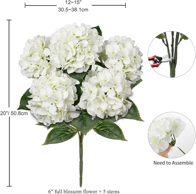 White Hydrangea Artificial Flowers Large Artificial Hydrangeas Silk Flower for Home Decor Indoor Wedding Flower Bouquets Faux Flowers Kitchen Centerpiece Table Decorations