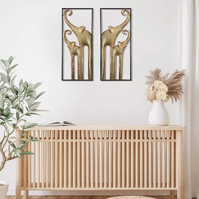 HKaikzo Set of 2 Elephant Wall Decor, African Wall Decor, Gold Elephant Wall Art, Animal Decorations for Living Room, Modern Metal Decor(11.8x27.6in)