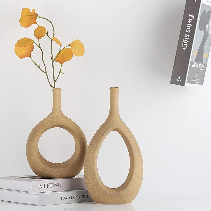 LCCCK Matte Beige Ceramic Vase, Tan Circle Vases with Hole, Neutral Rustic Centerpiece Table Decorations Flower Vase, Minimalist Vase Farmhouse Dinner Decor