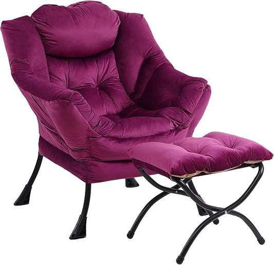 Lazy Chair with Ottoman, Modern Chair with Folding Footrest, Lounge Accent Chair, Comfortable Reading Chair (Velvet Dark Purple)