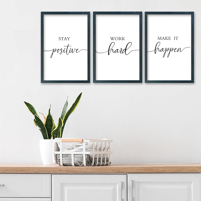 SRSZHIYUE Office Motivational Decor 16"×11" Set of 3 Stay Positive Work Hard Make It Happen Inspirational Quotes Wooden Framed Wall Hanging Art (Black)