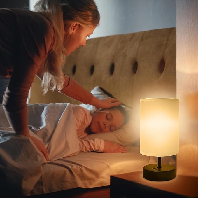 Small Lamp for Bedroom, Bedside Lamps for Night Stands, Mini Minimalist Table Lamp with Round Gray Fabric Shade, 9 Inch Desk Reading Lamp for Dorm Room Living Room Office Room, 2 Pack