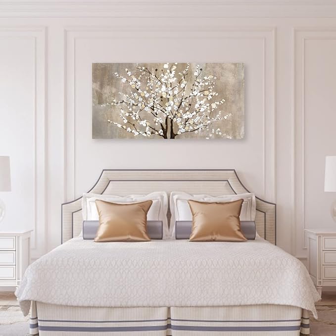 Flower Canvas Wall Art for Living Room Plum Blossom Pictures for Bedroom Wall Decor Elegant Beige Brown Floral Painting Prints Artwork Home Wall Decorations Ready to Hang 24" x 48"