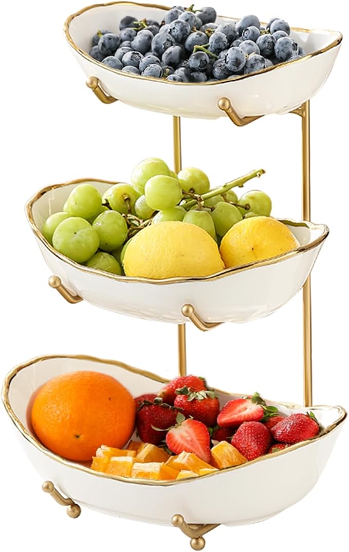 Ceramic Fruit Bowl for Kitchen Counter - 3 Tier Fruit Basket with Metal Stand, Tiered Fruit Stand for Countertop, Snack, Nuts, Cake, Dessert, Small & Cute (Gold-rimmed)