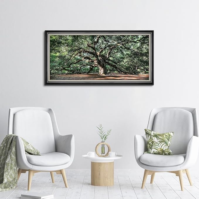 Large Tree Canvas Wall Art: Framed Green Oak Forest Landscape Prints for Living Room