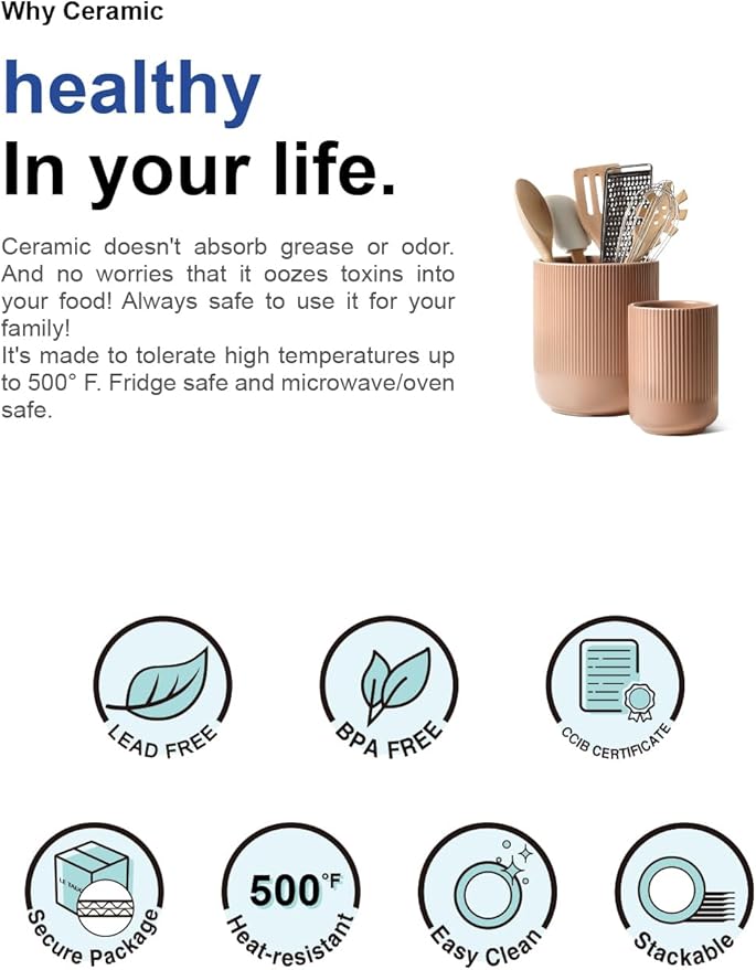 LE TAUCI Utensil Holder, 7.3"+5.4" Ceramic Kitchen Utensil Holder for Countertop, Large Cooking Utensil Crocks for Kitchen Counter, Modern Utensil Organizer for Spatula, Set of 2, Dusty Pink