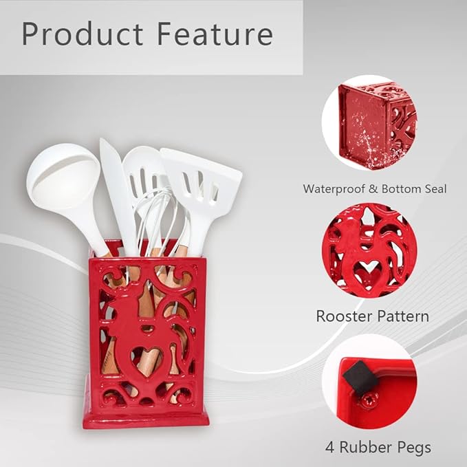 Vintage Utensil Holder for Countertop, Robust Sturdy Cast Iron Utensil Holder for Kitchen Counter Cooking Tools Crock Spoon and Spatula Holder Organizer, Red