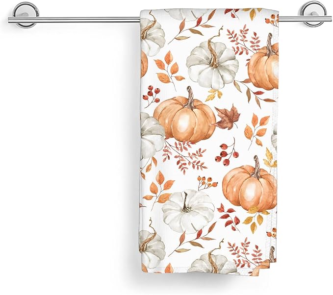 Fall Kitchen Towels 16x24 Inch Burnt Orange Pumpkin Leaves Decor Dish Towels Autumn Harvest Thanksgiving Seasonal Decoration Hand Towel Absorbent Dish Cloths for Home Kitchen Dining Set of 2