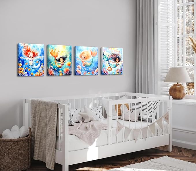 Framed Mermaid Wall Art,Mermaid Nursery Wall Art Prints,Ocean Bathroom Decor Prints,Mermaid Pictures Coral Wall Decor Canvas Prints for Girls Room Wall Decor Set of 4(8"x10")