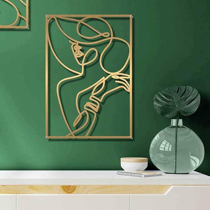 Glamativity Large 4 Pack Gold Wall Art, Minimalist Single Line Art, Real Metal Wall Art, Woman's Body Shape Abstract Art (Gold Elegant Style, L Size 22.5 x 15.7'')
