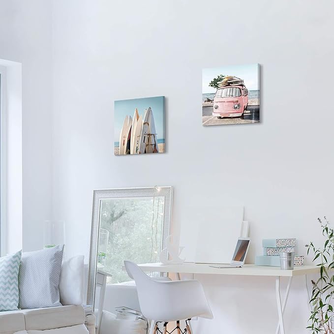 Beach Picture Coastal Wall Art: Surfboard & Pink Car Painting Ocean Wall Art on Canvas for Bedroom (16” x 16” x 2 Panels)