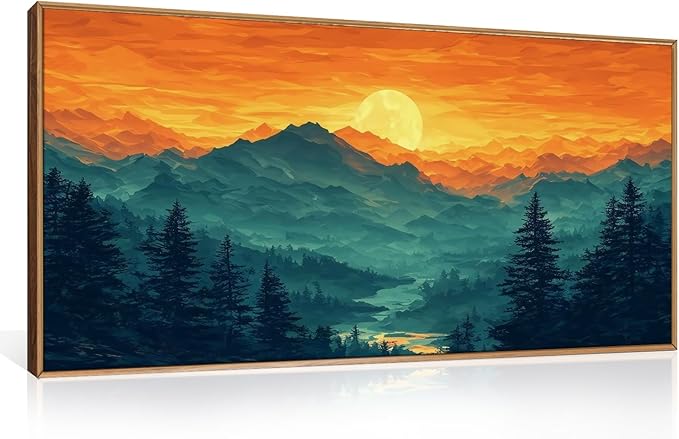 HOURIA Large Sunrise Mountain Forest Landscape Framed Canvas Wall Art Set,Orange Sky Green Ridge Wall Decor,Nature Pine Tree Artwork,Boho Watercolor Art Print for Living Room, Bedroom- 20"x40"x1