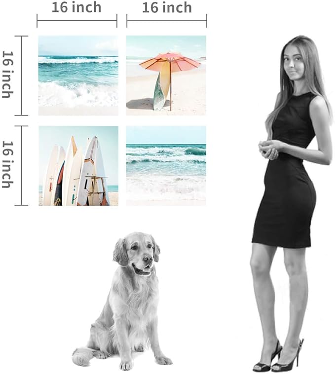 Beach Canvas Wall Art Painting: Summer Surfboard and Umbrella on Beach Picture Print for Living Room (16'' x 16'' x 4 Panels)